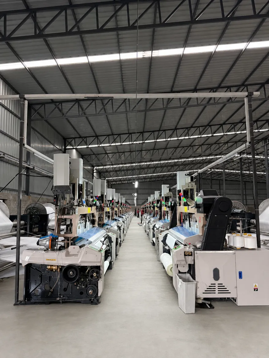 Rows of water jet looms inside the Giriraj Texhub mill